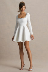 Astonish | White Long-Sleeve Embellished Square-Neck Mini Dress With Volume Skirt